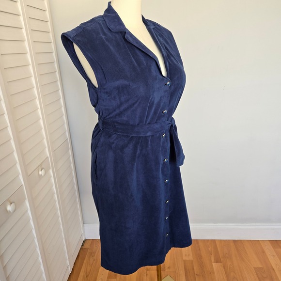 Vtg 90s Navy Faux Suede Button Front Midi Dress Sz L Handmade Minimalist Artisan - Picture 4 of 10